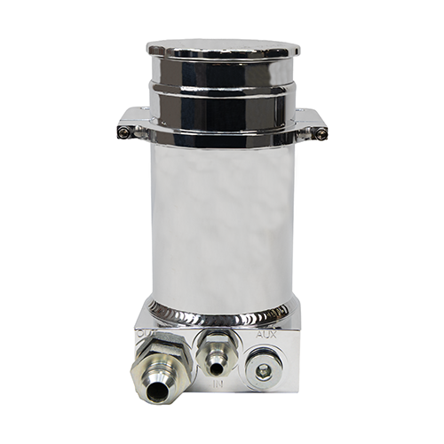 Chrome polished aluminum steering reservoir, mounting clamp and fittings on a white background. SR146-6-10-P