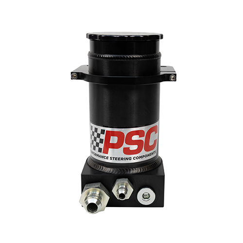 Black anodized remote steering reservoir with PSC logo, black anodized mounting clamp and fittings installed on a white background.