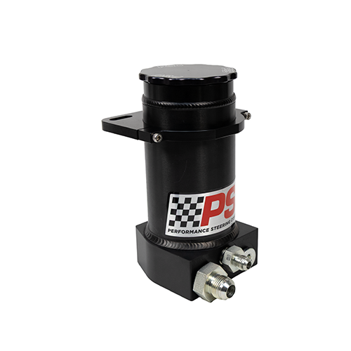Side angle view of a black anodized remote steering reservoir with PSC logo, black anodized mounting clamp and fittings installed on a white background.