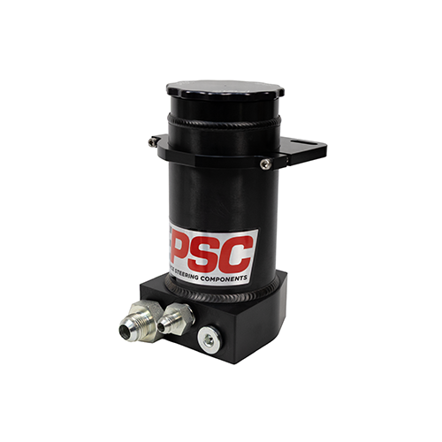 Right side angle view of a black anodized remote steering reservoir with PSC logo, black anodized mounting clamp and fittings installed on a white background.