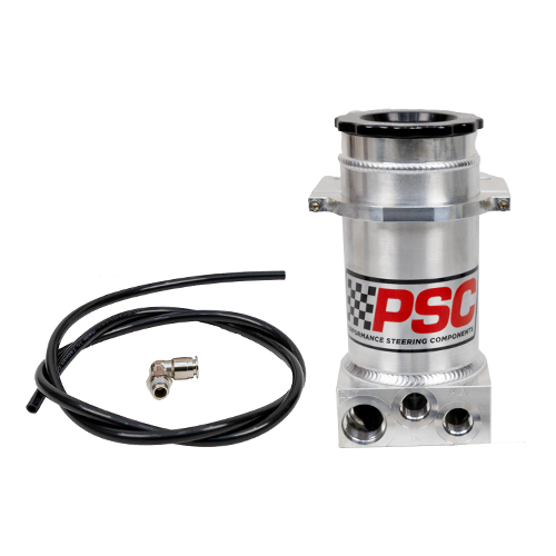 PSC steering reservoir with a brushed aluminum coating and PSC logo sticker. The included brushed aluminum clamp is installed on the reservoir. To the left is the included fitting and hose on a white background.
