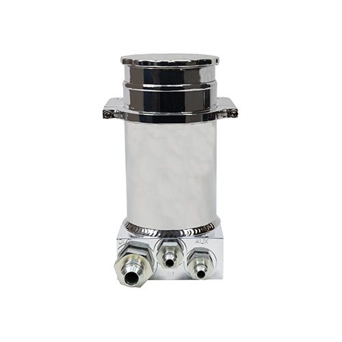 Chrome polished aluminum steering reservoir and mounting clamp on a white background.