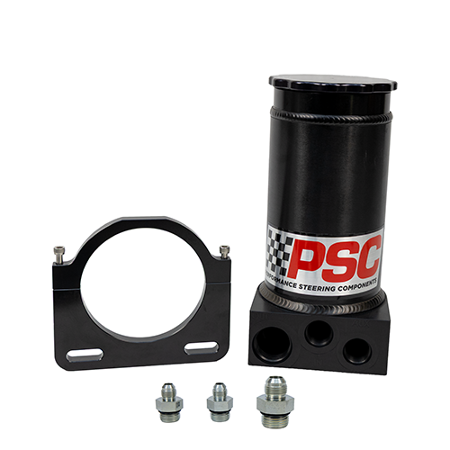 Hydroboost black anodized remote steering reservoir with PSC logo, black anodized mounting clamp and fittings next to it on a white background.