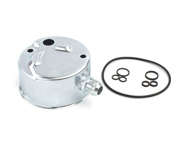 Chrome mechanical component with black rubber washers on a white background