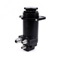 Black mechanical component with visible branding on a white background