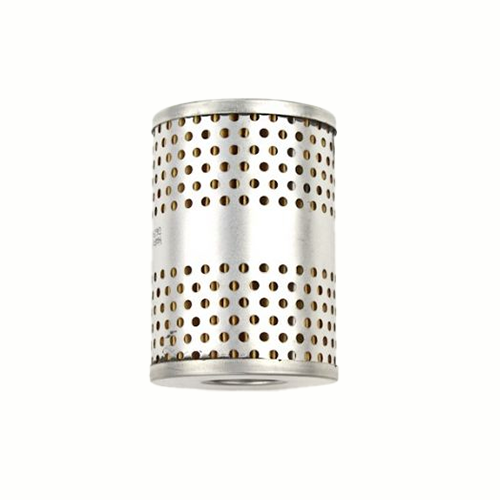 Silver steering reservoir filter showing the holes in neatly arranged rows on a white background.