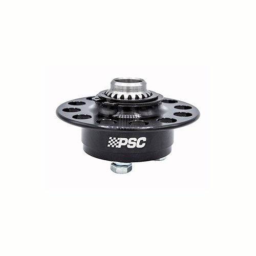 Black hubcentric wheel quick release with white PSC logo on a white background.