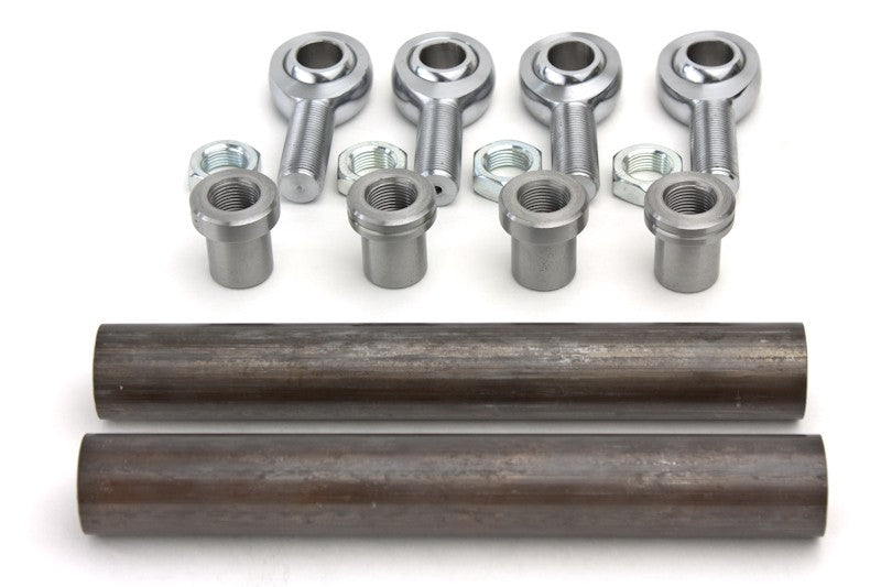Set of metal rods and components on a white background