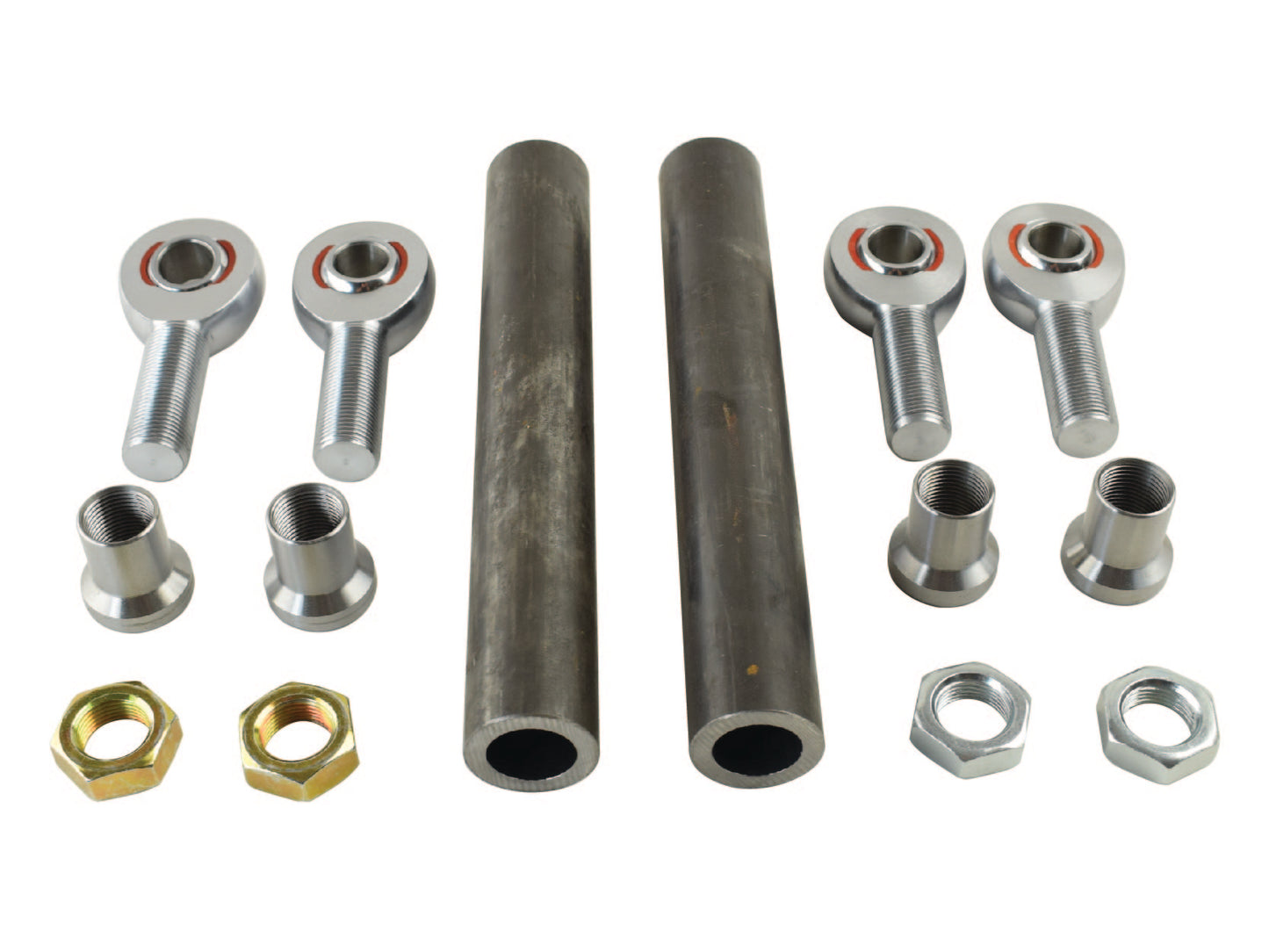 Mechanical parts including rods, bearings, and nuts on a white background