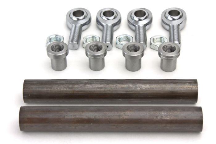 Set of metal rods and components on a white background