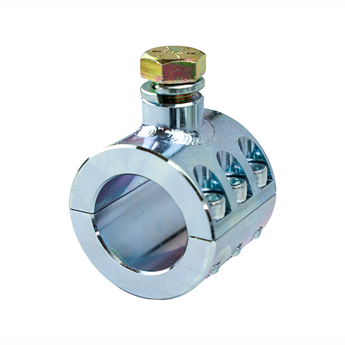 Steel tie rod clamp with a 1.25" diameter on a white background. 