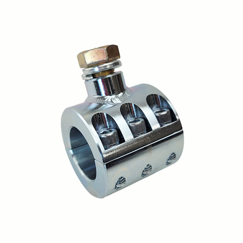 Steel tie rod clamp with a 1.5" offset diameter on a white background. 