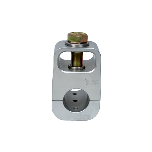 Front view of a 1.38 Double Shear Billet Aluminum Tie Rod Clamp featuring stainless steel heim spacers, anti-slip set screws and PSC logo engraved on the side and "1.38" engraved on the front on both clamp pieces in front of a white background. 