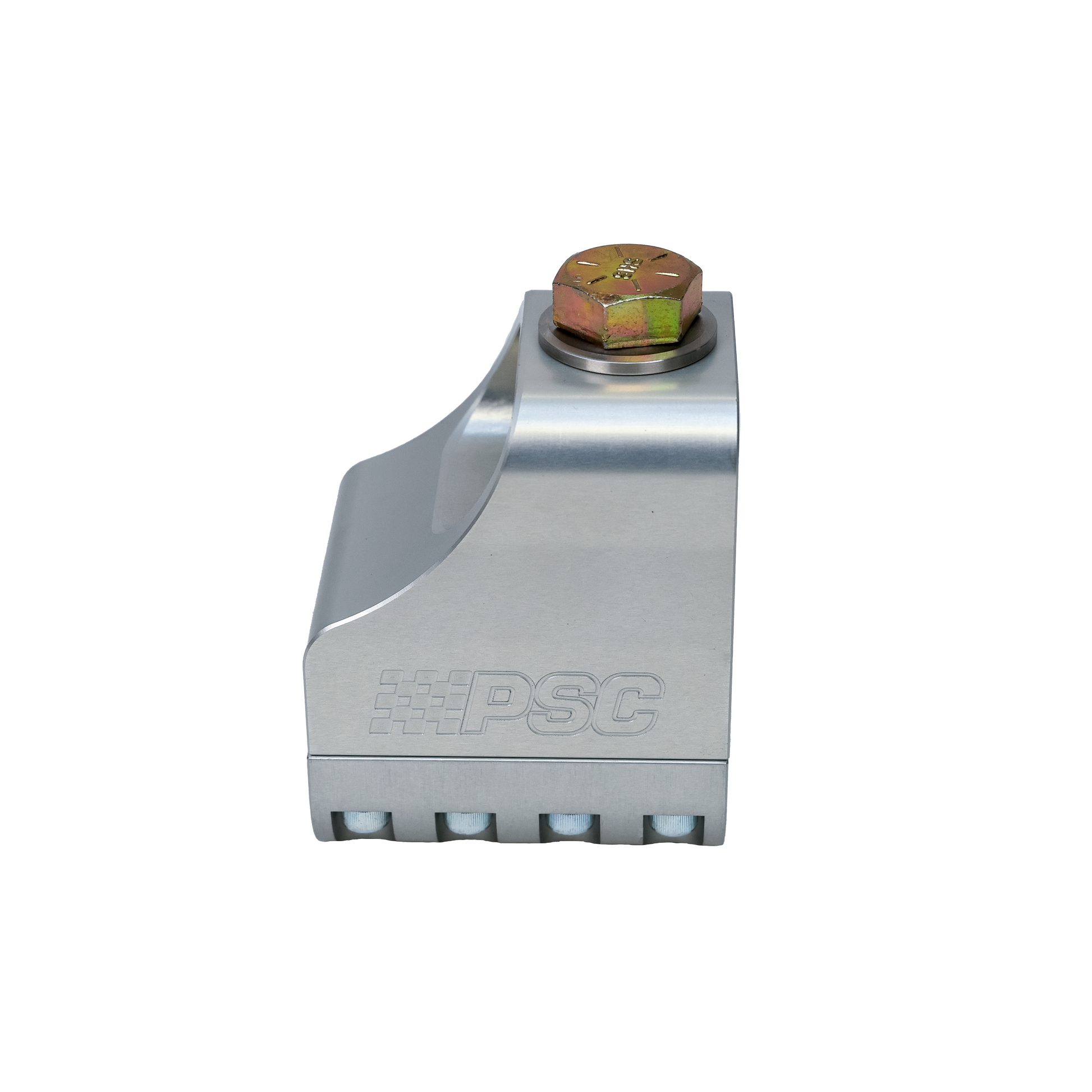 Overhead angled side view of a 1.38 Double Shear Billet Aluminum Tie Rod Clamp featuring stainless steel heim spacers, anti-slip set screws and PSC logo engraved on the side in front of a white background. 