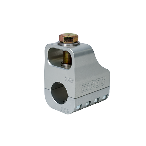 Overhead angled right side view of a 1.38 Double Shear Billet Aluminum Tie Rod Clamp featuring anti-slip set screws and PSC logo engraved on the side in front of a white background. 