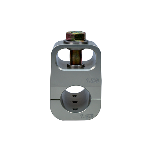 Front view of a 1.5 Double Shear Billet Aluminum Tie Rod Clamp with PSC logo engraved on the side  and "1.5" engraved on both clamp pieces in front of a white background. 