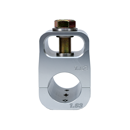 Front view of a 1.625 Double Shear Billet Aluminum Tie Rod Clamp with PSC logo engraved on the side  and "1.63" engraved on both clamp pieces in front of a white background. 