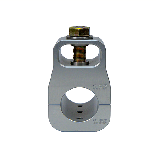 Front view of a 1.75 Double Shear Billet Aluminum Tie Rod Clamp with PSC logo engraved on the side  and "1.75" engraved on both clamp pieces in front of a white background. 