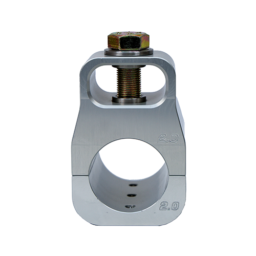 Front view of a 2.0 Double Shear Billet Aluminum Tie Rod Clamp with PSC logo engraved on the side  and "2.0" engraved on both clamp pieces in front of a white background. 