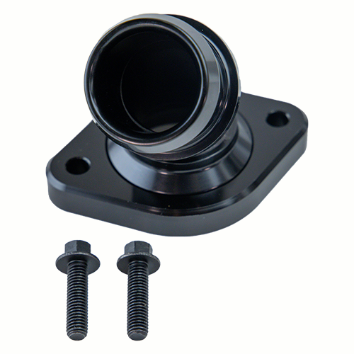 Black mechanical component with two screws on a white background