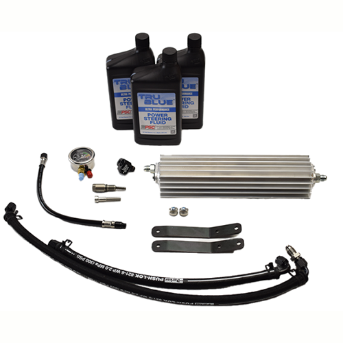 Automotive parts including hoses, filters and three PSC 8061 Tru Blue power steering fluid bottles on a white background.