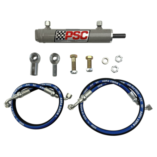 PSC hydraulic system components including a cylinder, hoses, and bolts on a white background