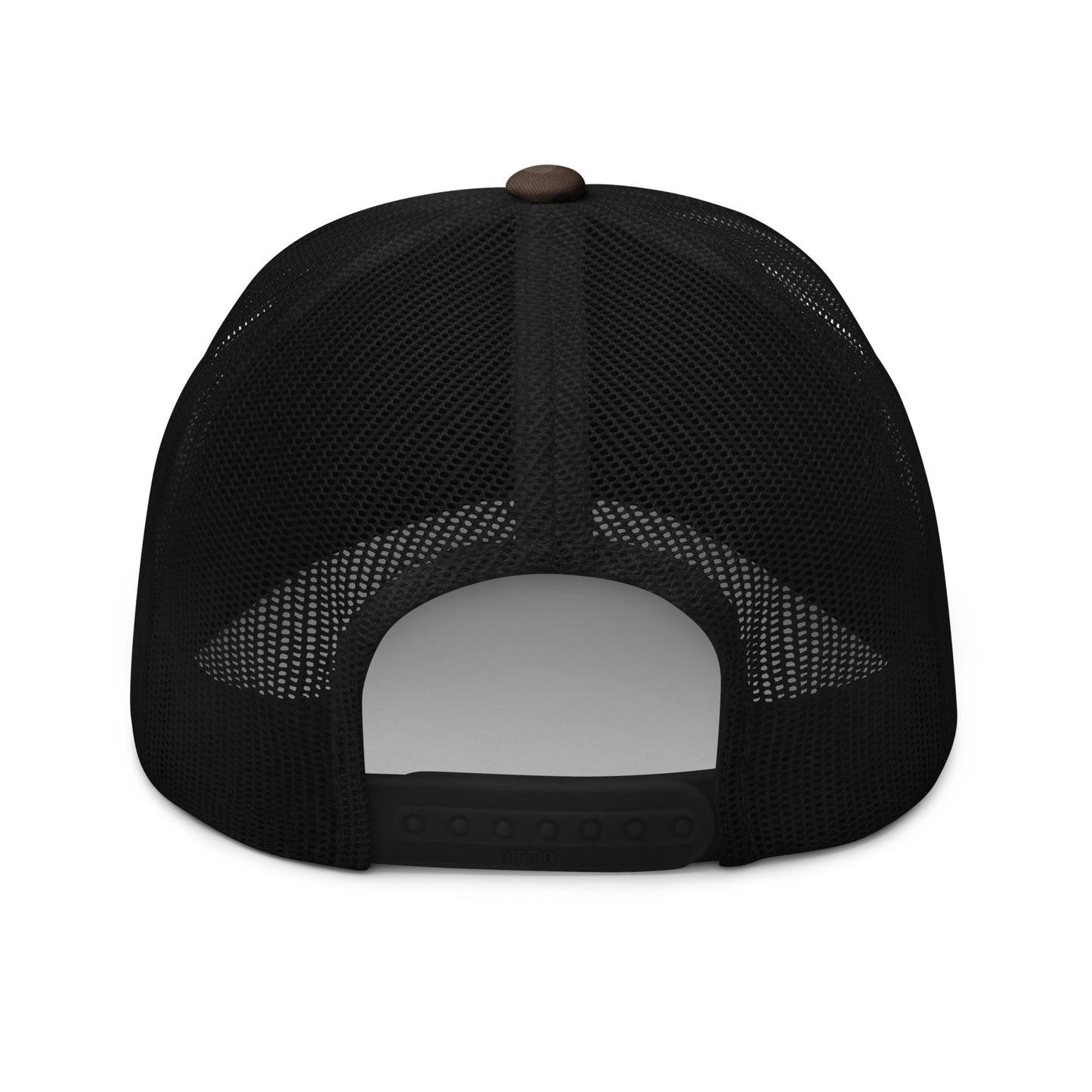 Product mockup image of the back of a trucker cap in a camo greens color with green camo bill, brown net back and brown accents.  The background behind the cap is white. The PSC logo with "PSC", flag and words "Performance Steering Components" are in white and are embroidered on the center of the cap.