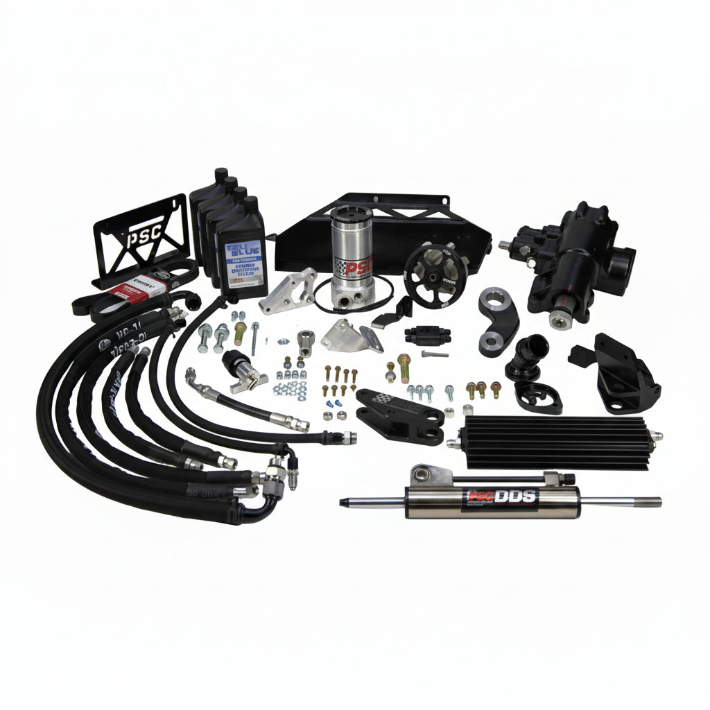 Collection of automotive parts including hoses, brackets, and metal components on a white surface with a gray background.