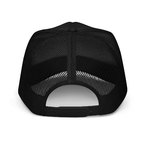 Back view of a black mesh trucker hat with adjustable snapback closure and breathable mesh panels.