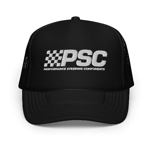 Front view of a black foam trucker hat featuring a white PSC Performance Steering Components logo and curved brim.