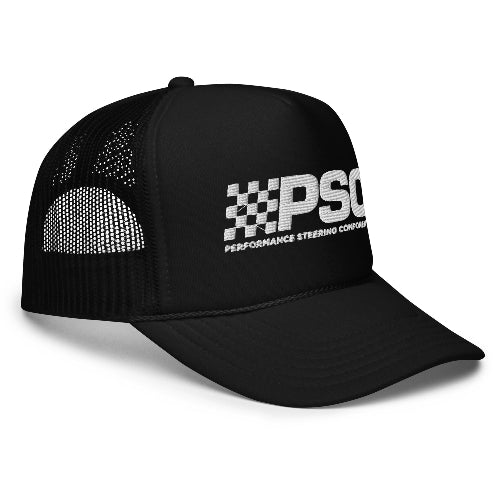 Black foam trucker hat with curved brim and white PSC Performance Steering Components logo on the front panel, shown at a right front angle.