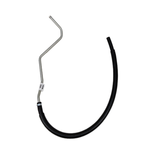 A power steering return hose with a long curved rubber section and a bent metal tube designed to carry low-pressure fluid back to the reservoir on select vehicle applications.