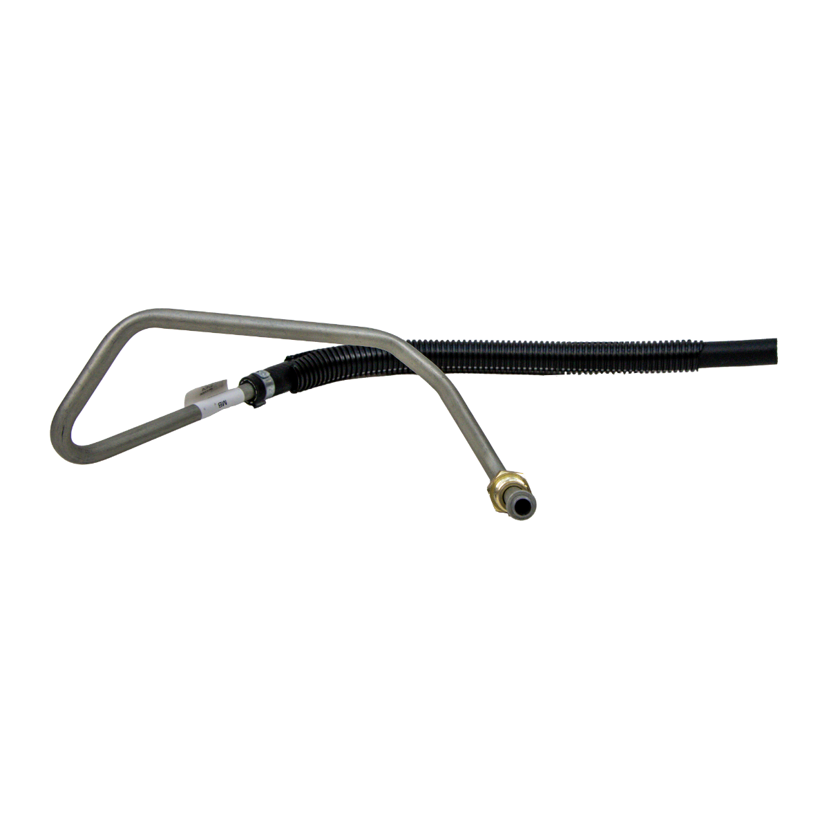 A metal automotive hose assembly with a bent silver tube, a black corrugated hose, and brass fittings, shown on a plain white background.