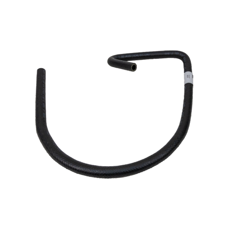 A black rubber hose with a ribbed texture, featuring a small white label near one end, shown on a plain white background.