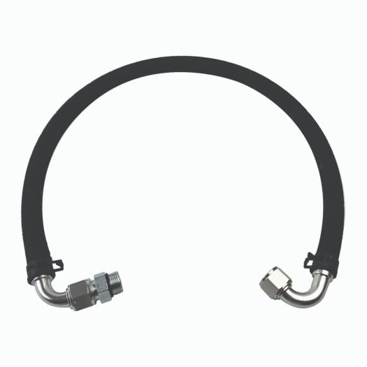 Black hydraulic hose with metal fittings on a white background