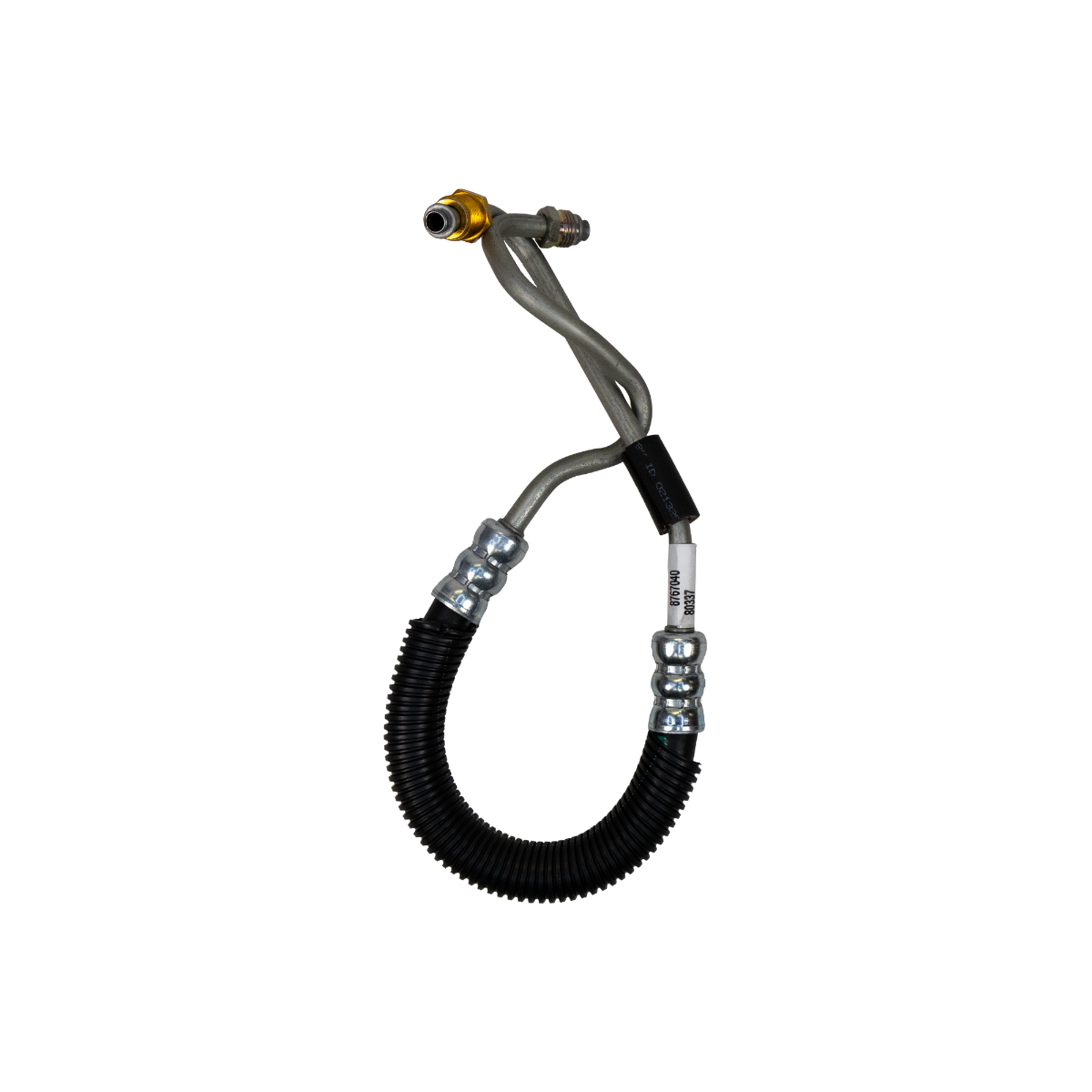 Side angle of 2001-2010 GMC 2500/3500 HD 6.6 Duramax Hydro-Boost to Steering Pump Xtreme-Duty Pressure Hose Assembly