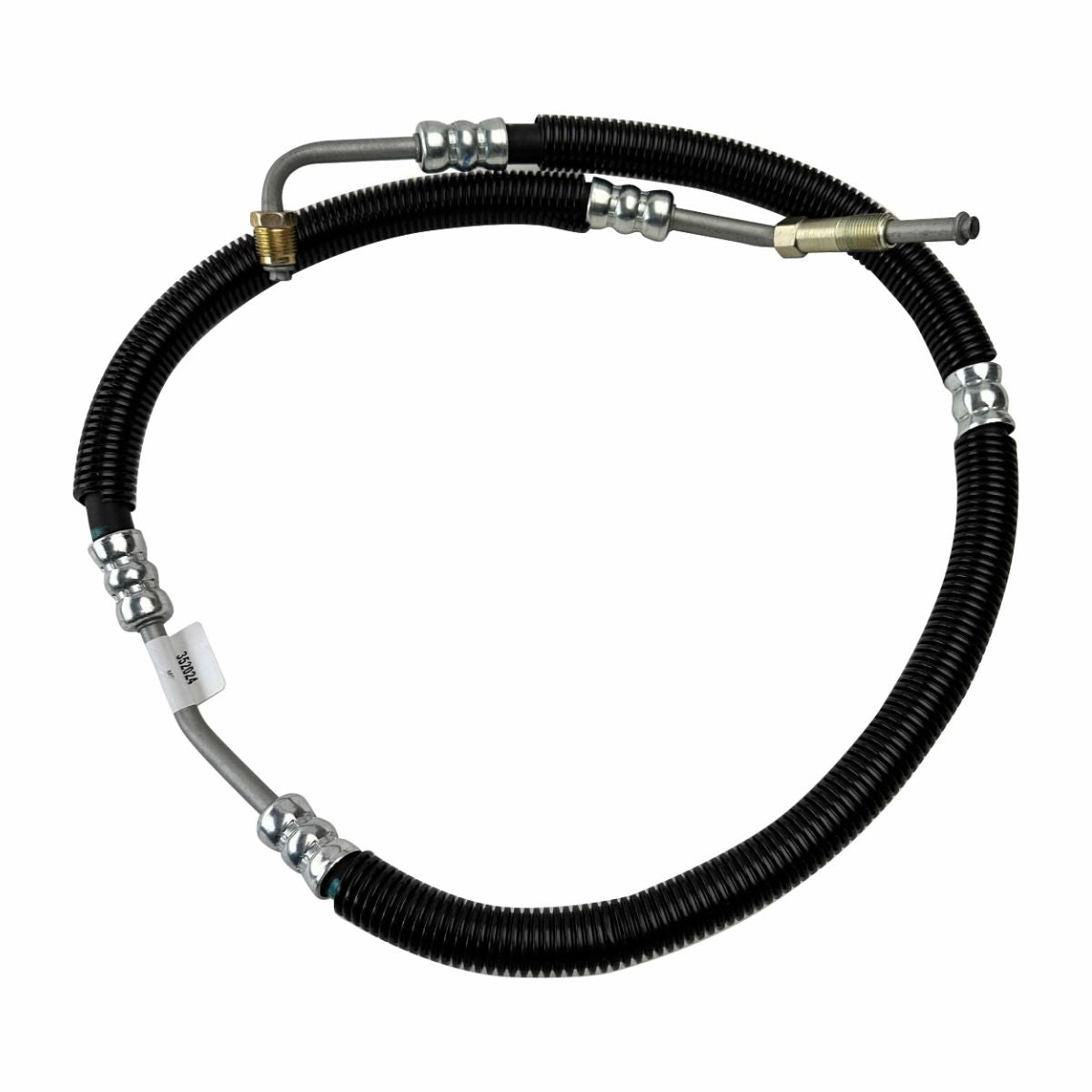 Black brake hose with metal connectors on a white background