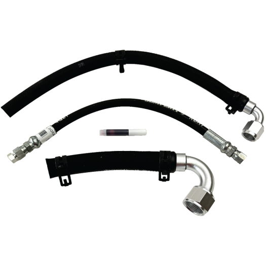 Set of black hydraulic hoses with metal connectors on a white background