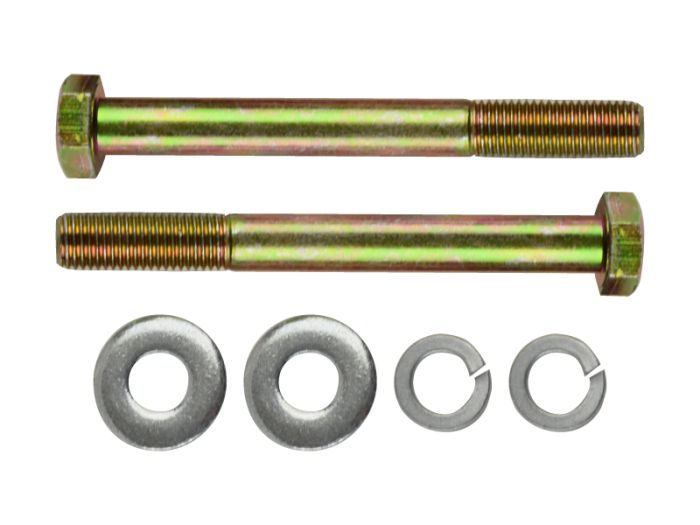 Two metal bolts with washers and spacers on a white background