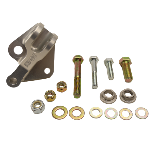 Mechanical parts including a metal bracket, bolts, and washers on a white background