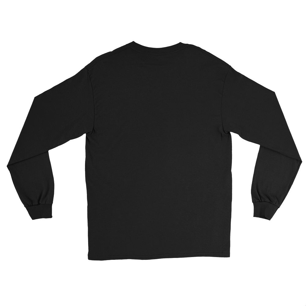 Back view of a black mens long-sleeve T-shirt with a PSC logo centered on the front. The “PSC” are in bold red with a white flag to the left with the words “Performance Steering Components” in white. 