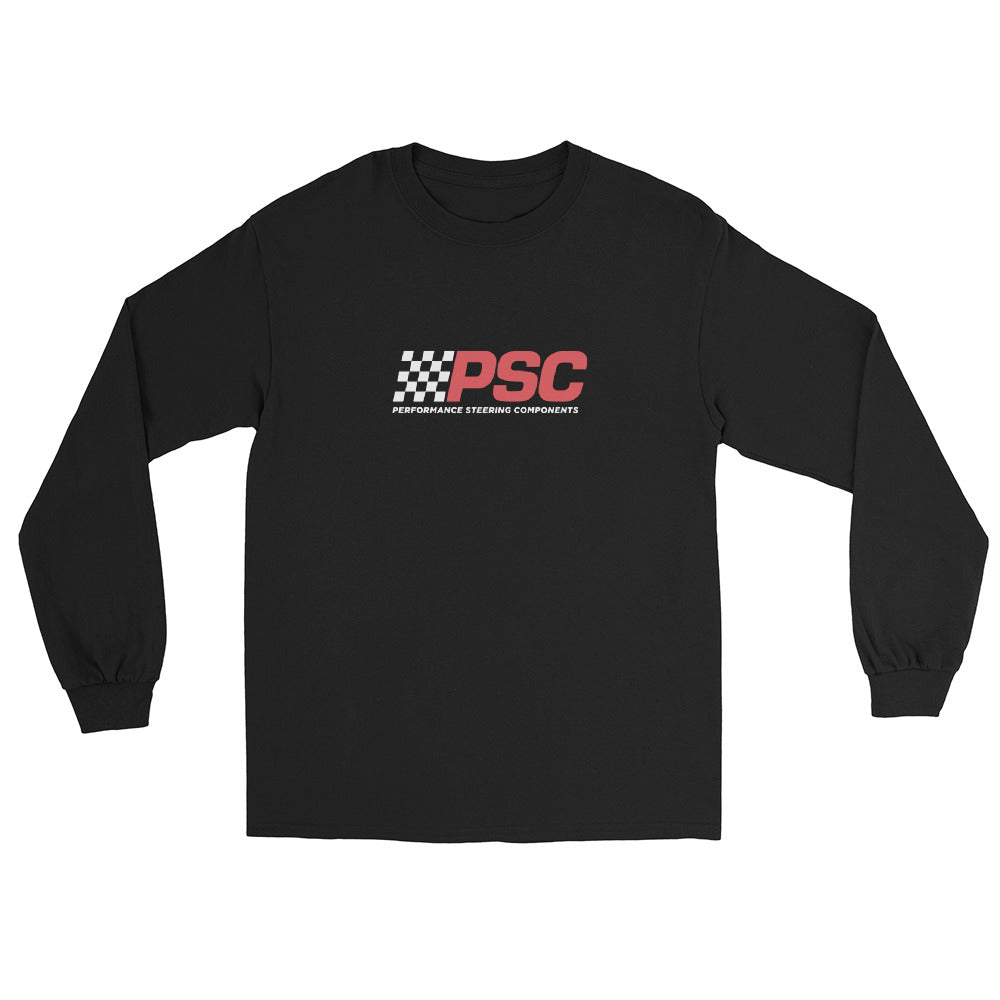 Front view of a white mens long-sleeve T-shirt with a PSC logo centered on the front. The “PSC” are in bold red with a white flag to the left with the words “Performance Steering Components” in white. 