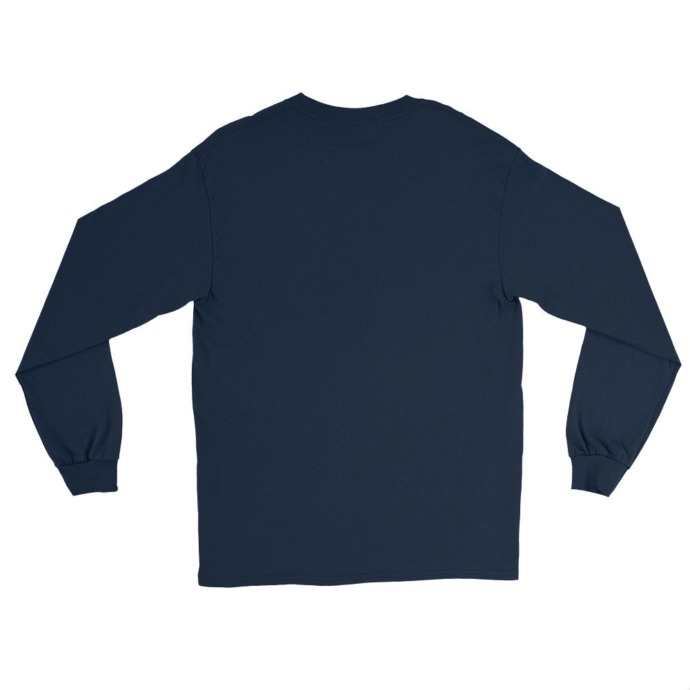 Back view of a white mens long-sleeve T-shirt with a PSC logo centered on the front. The “PSC” are in bold red with a white flag to the left with the words “Performance Steering Components” in white. 
