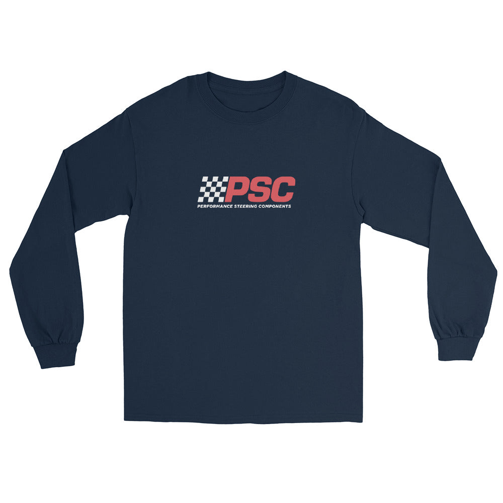 Front view of a white mens long-sleeve T-shirt with a PSC logo centered on the front. The “PSC” are in bold red with a white flag to the left with the words “Performance Steering Components” in white. 