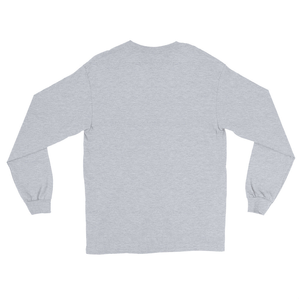 Back view of a sport grey mens long-sleeve T-shirt with a PSC logo centered on the front. The “PSC” are in bold red with a black flag to the left with the words “Performance Steering Components” in  black. 