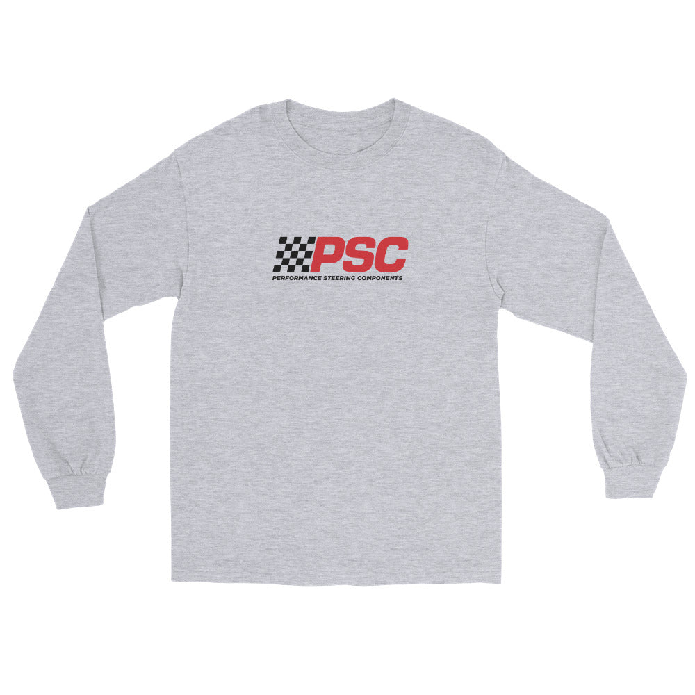 Front view of a sport grey mens long-sleeve T-shirt with a PSC logo centered on the front. The “PSC” are in bold red with a black flag to the left with the words “Performance Steering Components” in black. 