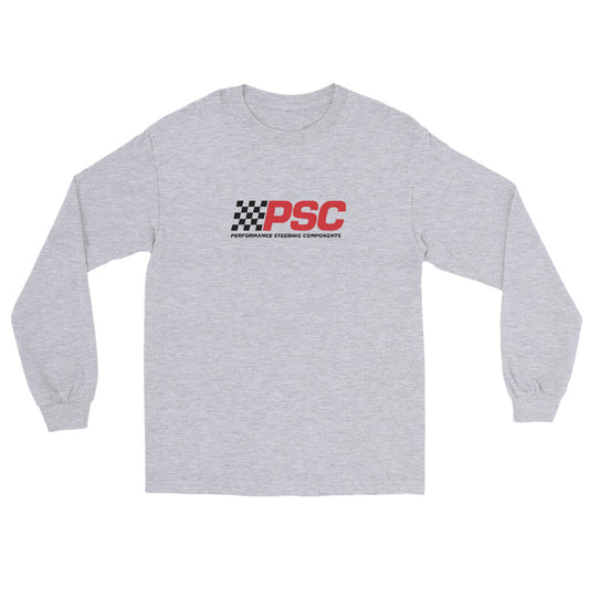 Front view of a sport grey mens long-sleeve T-shirt with a PSC logo centered on the front. The “PSC” are in bold red with a black flag to the left with the words “Performance Steering Components” in black. 