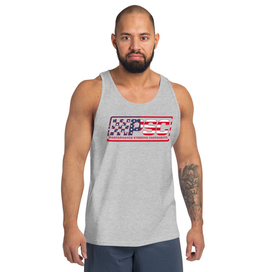 Man wearing a gray sleeveless tank top featuring a PSC Performance Steering Components logo styled with an American flag graphic across the chest.