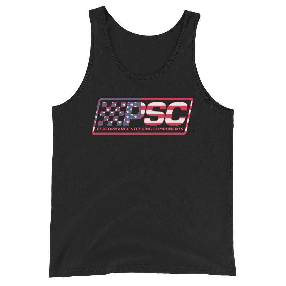 A black man's tank top with PSC Performance Steering Components logo featuring a patriotic overlay and red border on a white background. 