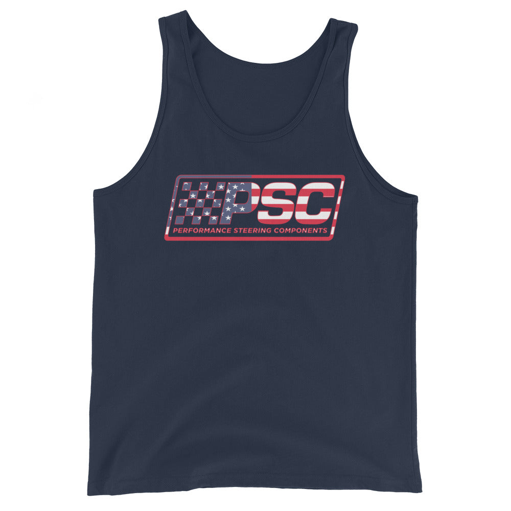 A navy man's tank top with PSC Performance Steering Components logo featuring a patriotic overlay and red border on a white background. 